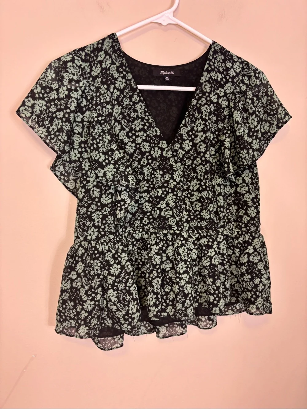 Madewell Black V-Neck Peplum Top with Mint Floral Print Blouse XS